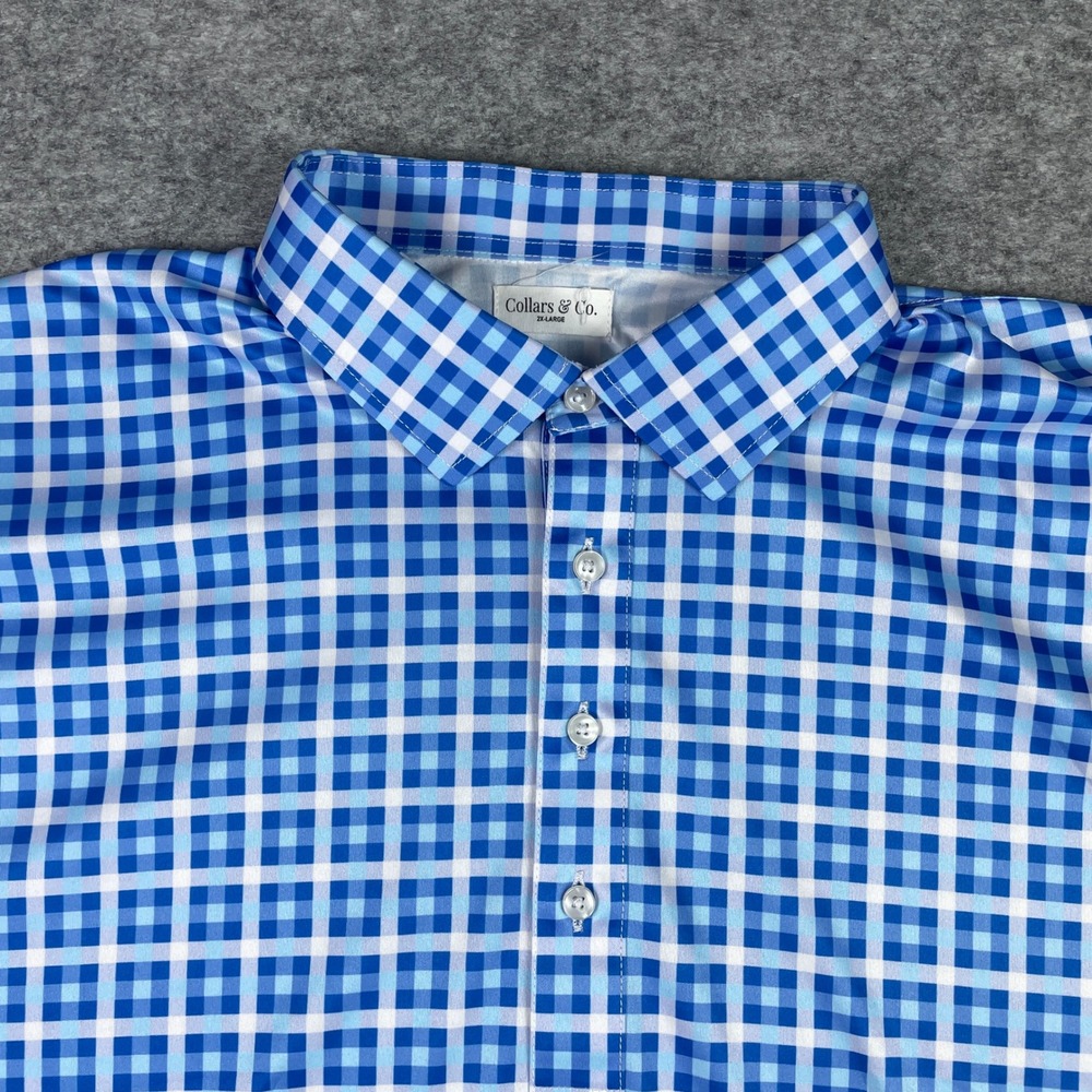 Collars & Co. Polo Mens 2XL Blue Gingham Dress Collar Performance Short Sleeve